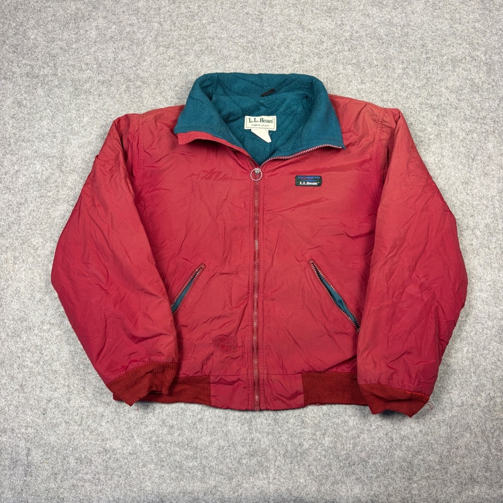 Vintage LL Bean Warm-Up Jacket Red Teal Fleece Lined Bomber Mens Medium Repair